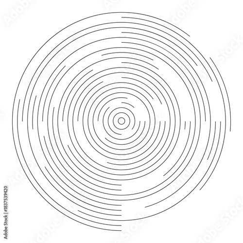 Radial ripple icon. Concentric circles with interrupted lines isolated on white background. Vortex, pulsation, sound wave, vibration, sunburst or radio signal sign. Vector graphic illustration
