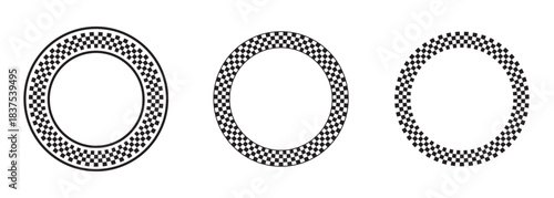 Set of round frames with black and white chequered print. Vignettes with checkerboard, rally flag or chess game plane pattern. Circular geometric frameworks. Vector graphic illistration