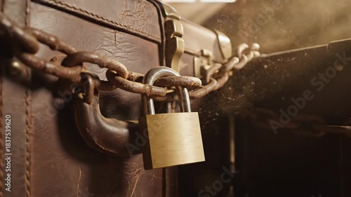 Close-up of vintage suitcases secured with a rusty chain and shiny brass padlock in a softly lit, dusty room