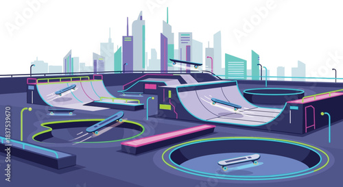 Skatepark ramps and rails for skateboarding and extreme sports activities.