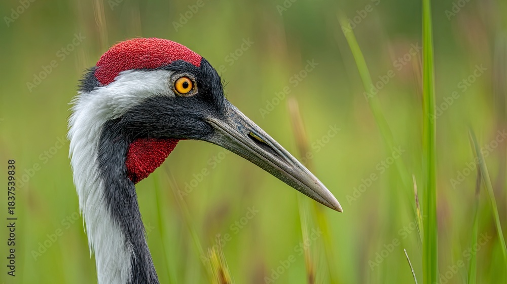 Naklejka premium blending with the green grass background, it stands tall and straight in its natural habitat. the close-up shot captures every detail of its black head, red crest, yellow eyes, long beak, slender neck