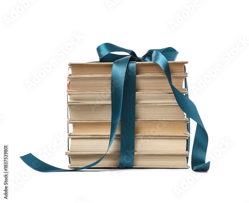 Stack of books with blue ri...