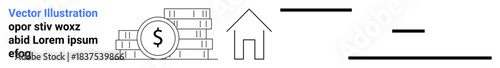 Financial planning, real estate investment, saving money, economy, wealth growth, home buying. Stack of coins with dollar, house outline horizontal lines. Financial planning and real estate concepts