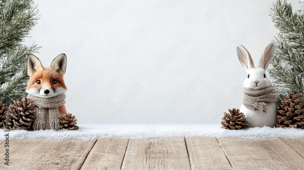 Naklejka premium Fox rabbit scarf pine cone winter forest holiday scene smiling animals