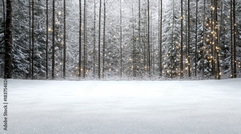 Fototapeta premium Snowy pine forest with glowing fairy lights and untouched snow, serene winter scene