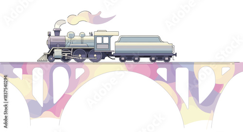 Steam train crossing a colorful bridge a classic transportation scene.