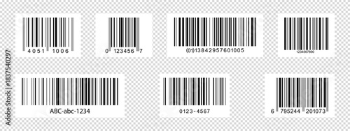 Set of barcode stickers. Bar code labels isolated on transparent background. Visual presentation of digital data with information about product, event or manufacturer. Vector graphic illustration