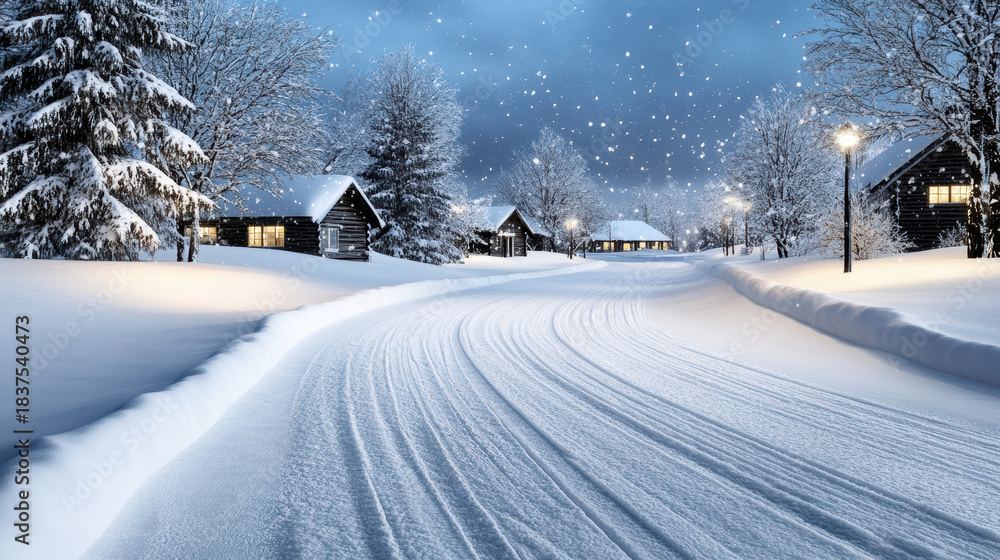 Obraz premium Snowy road cabin night snowfall peaceful winter village evening lights