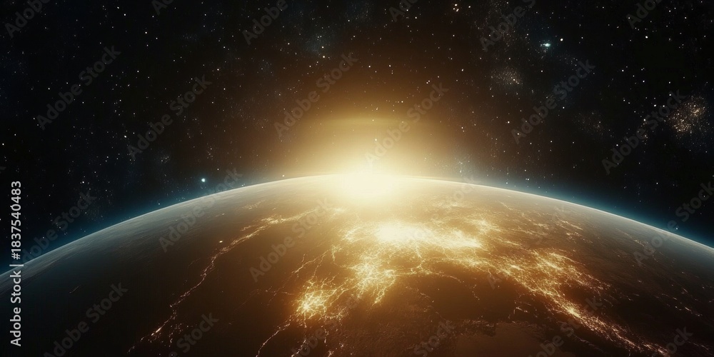 Fototapeta premium Breathtaking Sunrise From Space Showcasing Earth Glowing with City Lights and Starry Background