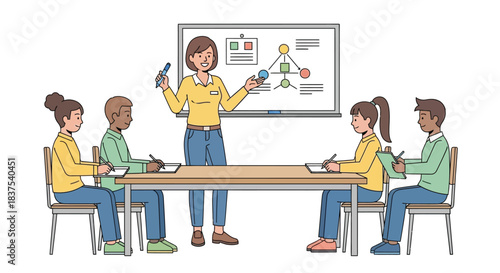 Teacher explaining a diagram to students in a classroom setting during a lesson.