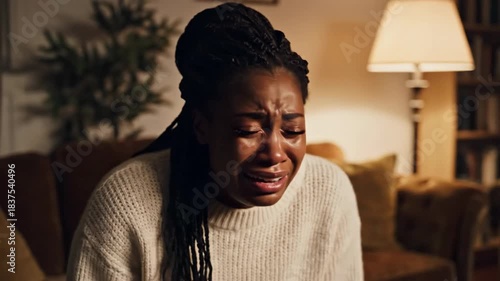 Close-up woman in sweater, distraught, tears streaming. Indoor setting, blurry background with warm lamp light