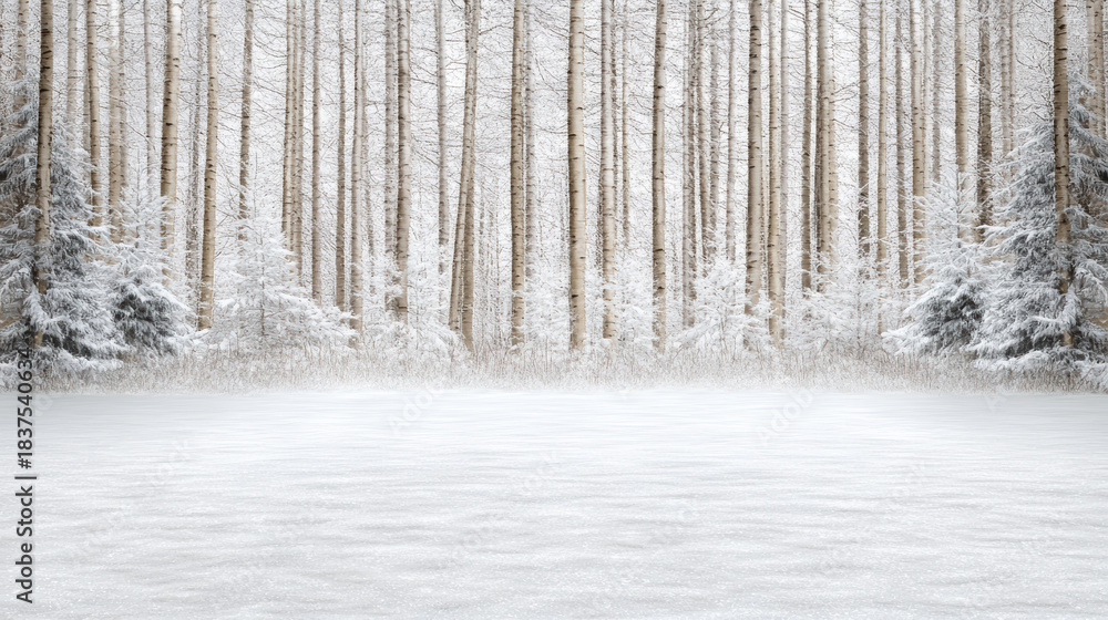 Fototapeta premium Snowy pine forest clearing with frosted trees and soft winter light