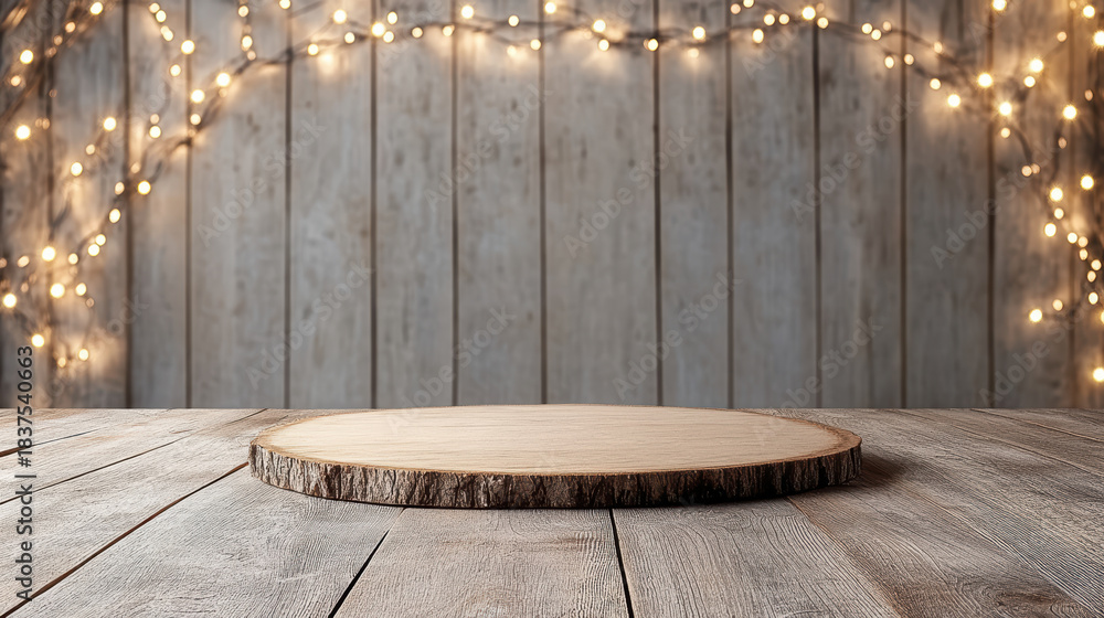 Fototapeta premium Rustic wooden display with warm fairy lights, cozy textured backdrop and natural wood slice