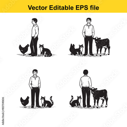  vector illustration of man with farm animals isolated on white