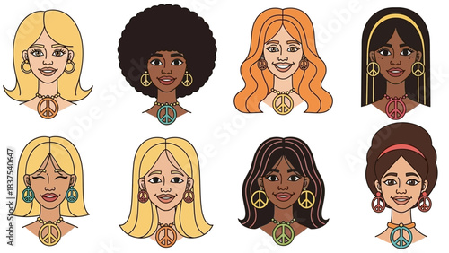 Diverse group of women with 1960s-1970s hippie hairstyles and peace sign jewelry, smiling and winking, representing retro fashion and cultural diversity.