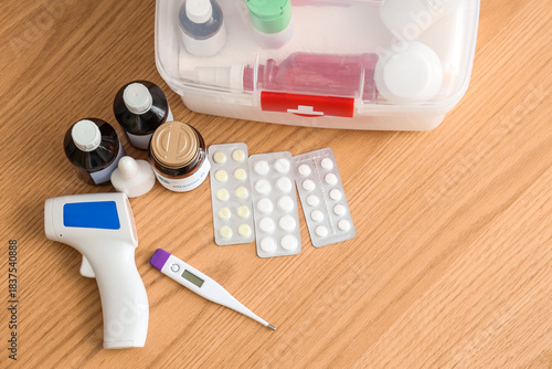 Pills, thermometers, bottle...