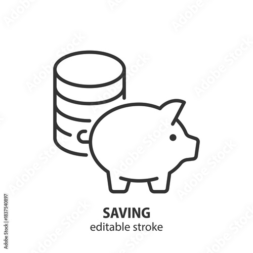 Piggy bank with coin line icon for saving money. Financial investment and secure symbol. Vector illustration. Editable stroke.