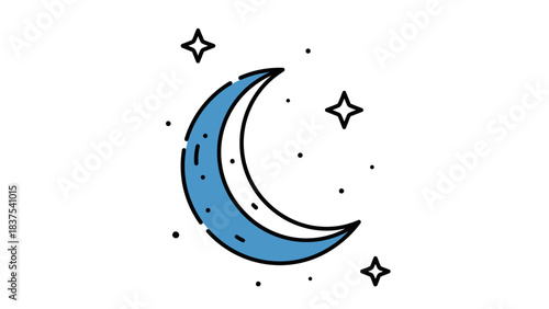 A simple blue crescent moon with stars and dots in a flat line art style.