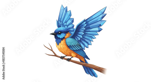 Vibrant bluebird perched gracefully on a slender branch wings spread wide.