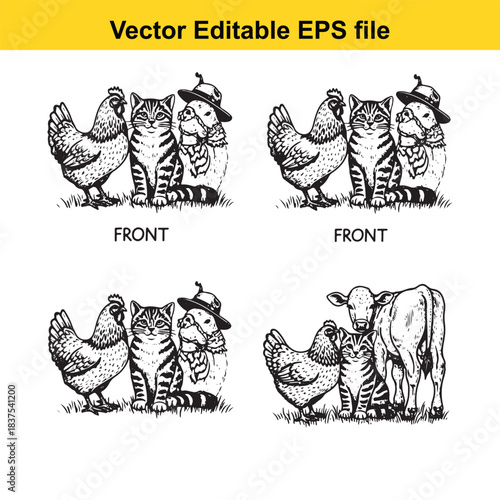  farm animals and cat illustration vector editable eps file