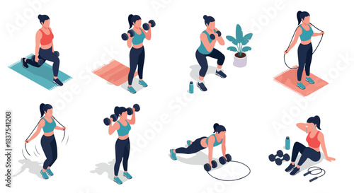 Woman performing various fitness exercises at home