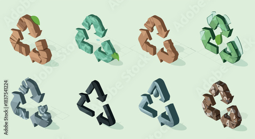 Recycling symbol set in various colors