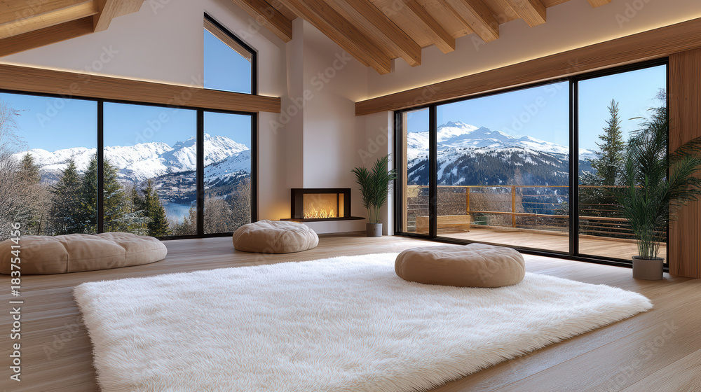 Obraz premium Cozy white fluffy rug wooden floor large windows mountain view fireplace