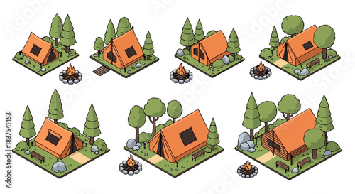 Camping sites isometric set with campfire and cabins