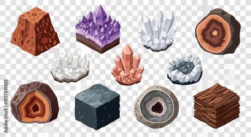 Rock and mineral collection with transparent background