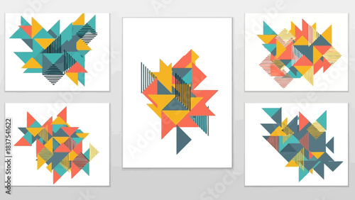 Abstract geometric compositions with colorful overlapping triangles in various patterns and arrangements.