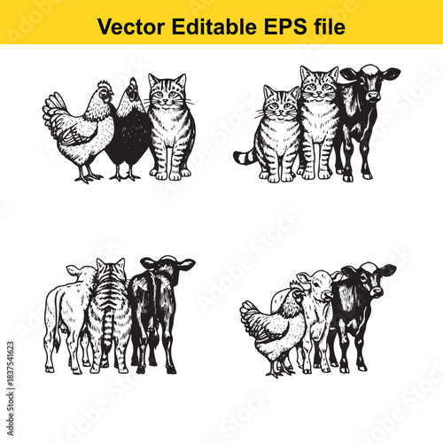  farm animals and pets illustration isolated on white