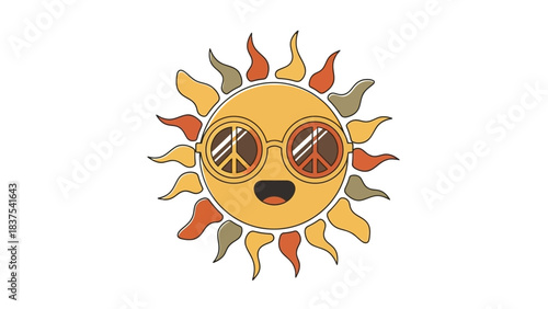 A happy cartoon sun wearing peace sign sunglasses with stylized rays.