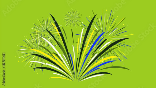 Vibrant Burst of Yellow, Blue, and White Fireworks Display on a Green Background, Celebrating the Holidays