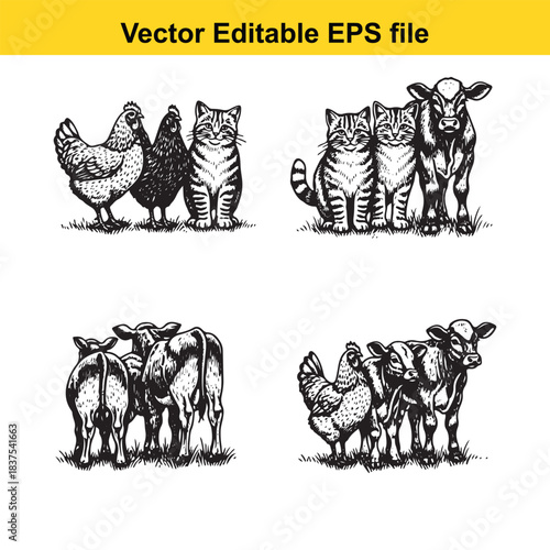  farm animals and cats illustration isolated on white