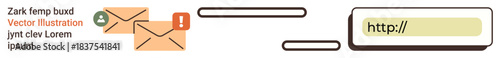 Digital communication, email notification, web links, online services, alert system, information sharing. Envelopes with icons and a URL bar. Communication and email notification concepts