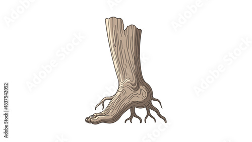 A surreal illustration of a human foot and lower leg made of wood, with tree roots extending from the sole, on a white background.