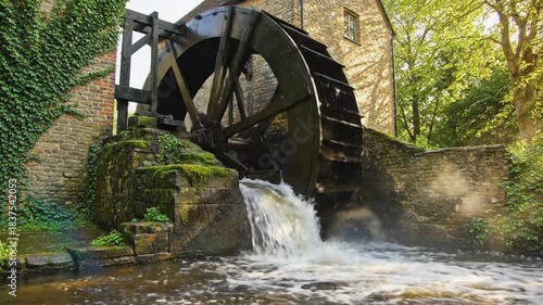 Antique watermill cascade scene rustic millhouse, wheel, waterfall amidst green foliage and mossy stone