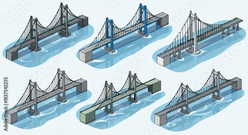Suspension bridges over water isometric set