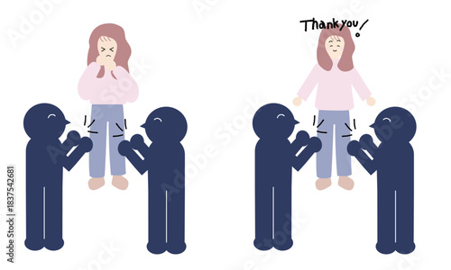 ほめられることが苦手な女性と、ほめられたことを素直に受け取る女性のイラスト