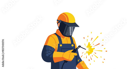 Welder in protective gear using a welding torch creating sparks and flames.