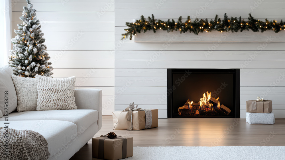 Obraz premium Cozy modern living room with fireplace, decorated Christmas tree and wrapped gifts, warm mood