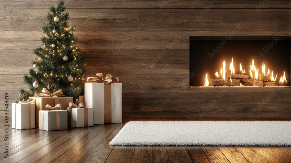 Obraz premium Christmas tree with wrapped gifts and lit fireplace in cozy wooden living room