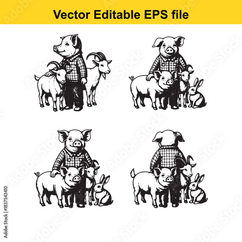  vector illustration of anthropomorphic pig with farm animals isolated on white
