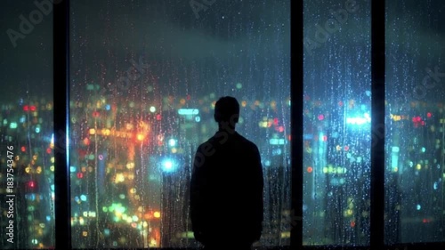Silhouette of a man at a rainy window observing city lights at night