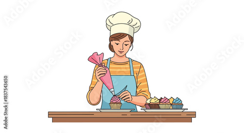 Woman baker decorates cupcakes with frosting creating delicious treats for enjoyment.