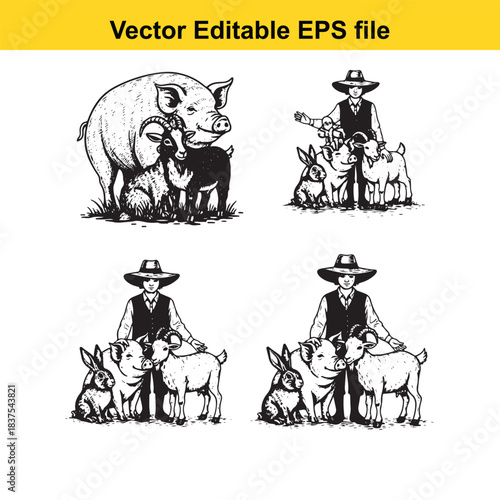  farm animals and farmer illustrations isolated on white