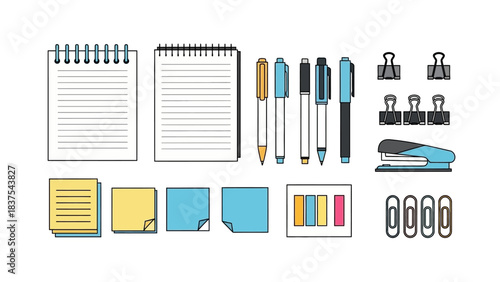 Array of office stationery notebooks pens clips postit notes stapler and paperclips