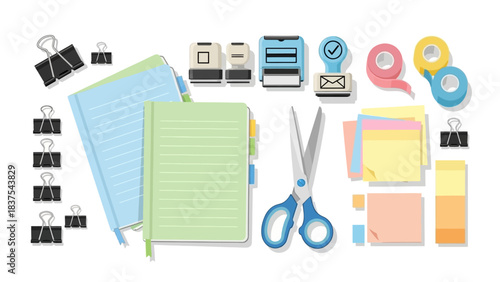 Assorted stationery including notebooks clips stamps tape scissors and sticky notes