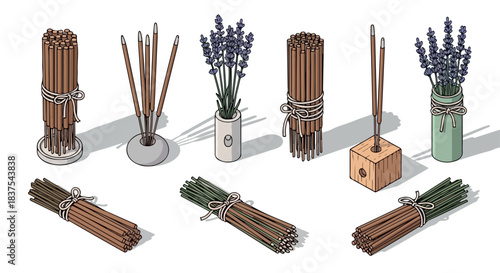 Aromatic bundles and sticks with lavender and natural twine