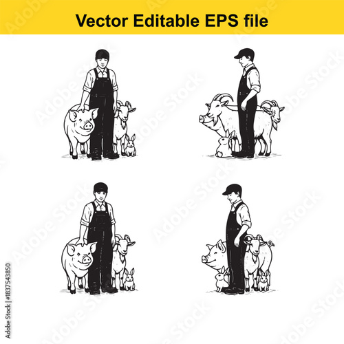  farmer with pigs illustration isolated on white